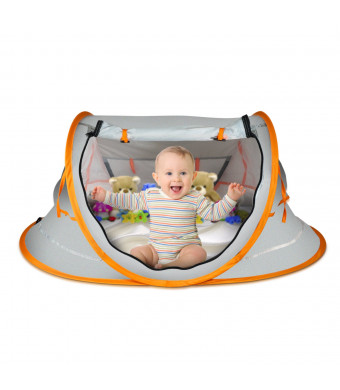 Overcrest Portable Pop Up Baby Beach Tent with UPF 50+ Sun Shade - Protection for Babies from Sunburn and Mosquitos - Lightweight, Compact and Easy Assembly - Includes 2 Pegs and Travel Bag