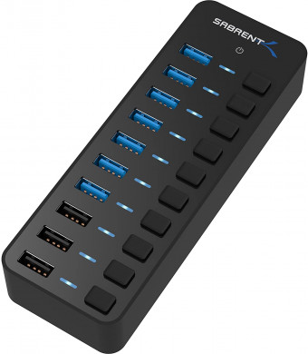 Sabrent 60W 10-Port USB 3.0 Hub Includes 3 Smart Charging Ports with Individual Power Switches and LEDs + 60W 12V/5A Power Adapter (HB-B7C3)