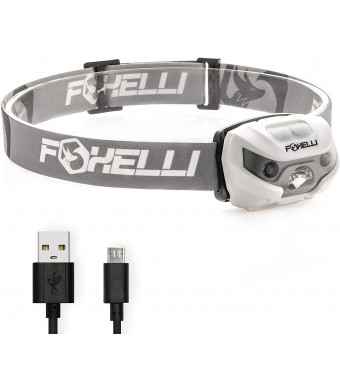 Foxelli USB Rechargeable Headlamp Flashlight - Super Bright and Lightweight Head Lamp, Perfect for Running, Camping and Work, Up to 30 Hours on a Single Charge