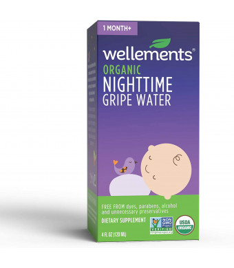 Wellements Organic Nighttime Gripe Water, 4 Fl Oz, Eases Baby's Stomach Discomfort, Free from Dyes, Parabens, Preservatives