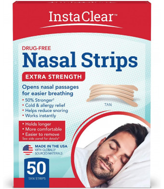 Instaclear Extra-Strength Nasal Strips, Tan 50 ct | Works Instantly, Breathe Better, Nasal Congestion Relief, Stops Snoring, Cold and Allergy, Extra Strength Tan