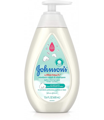 Johnson's CottonTouch Newborn Baby Wash and Shampoo with No More Tears, Hypoallergenic and Paraben-Free Moisturization for Sensitive Skin, Made with Real Cotton, 13.6 fl. oz