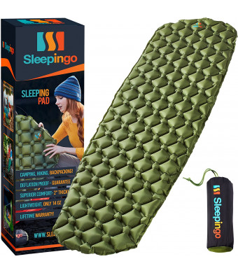 Sleepingo Camping Sleeping Pad - Mat, (Large), Ultralight 14.5 OZ, Best Sleeping Pads for Backpacking, Hiking Air Mattress - Lightweight, Inflatable and Compact, Camp Sleep Pad