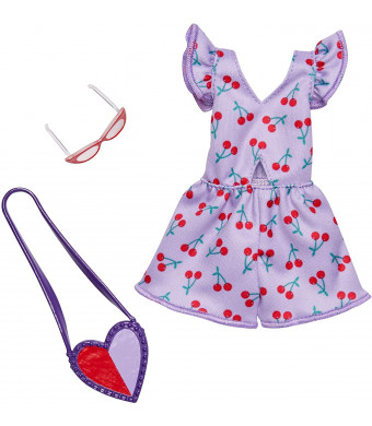 Barbie Complete Looks Doll Clothes, Outfit Dolls Featuring Purple Romper with Cherry Print and Cut-Out Plus 2 Accessories, Gift for 3 to 8 Year Olds