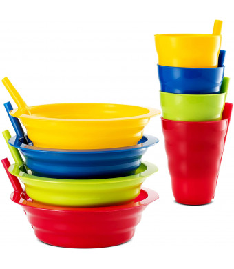 Plaskidy Cereal Bowls with Straws and Kids Straw Cups - Set of 4 Bowls with Straws for Kids, and 4 Straw Cups for Kids BPA Free Dishwasher Safe Great for Kids and Toddlers