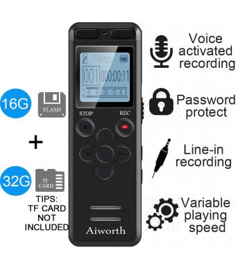 16GB Digital Voice Activated Recorder for Lectures - aiworth 1160 Hours Sound Audio Recorder Dictaphone Voice Activated Recorder Recording Device with Playback,MP3 Player,Password,Variable Speed