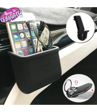 Car Air Vent Cell Phone Holder Car Mount Phone Holder Pocket Organizer Car Cradle Mount Pouch Bag Box Tidy Storage Coin Key Case Sunglasses Organizer with Hook(Black)
