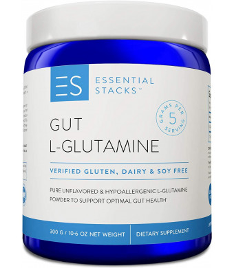 Essential Stacks Gut L-Glutamine Powder  Gluten, Dairy and Soy Free, Vegan, Non-GMO and Hypoallergenic with 3rd Party Verified Allergen Testing - Pure Unflavored L Glutamine for Optimal Gut Health