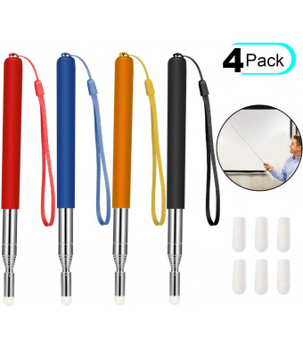 Chinco 4 Pieces Retractable Teacher Pointer Telescopic Teaching Pointer Presenter Whiteboard Pointer and Lanyards with 6 Pieces Extra Felt Nibs for Teachers Coach Presenter, Extends to 39 Inches