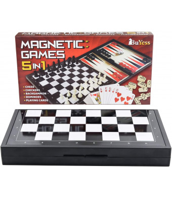 5 in 1 Magnetic Travel Chess, Checkers, Dominoes, Backgammon, Cards Set 9.8" x 9.8" Mini Board Games