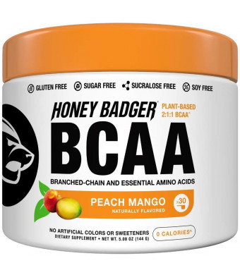 Honey Badger Vegan Keto BCAA + EAA Electrolyte Powder | Peach Mango | Natural Gluten Free Amino Acids Essential Aminos Sugar Free + Sucralose Free | 30 Servings