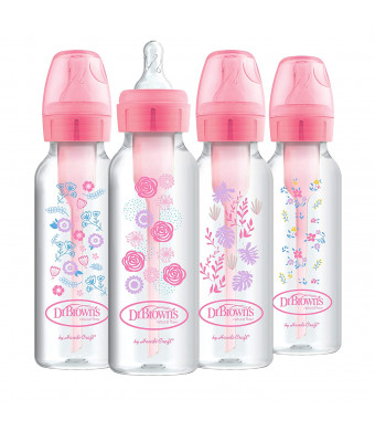 Dr. Brown's Options+ Baby Bottles, 8 oz/250ml, Narrow Bottle, Pink Floral Designs, 4 Pack