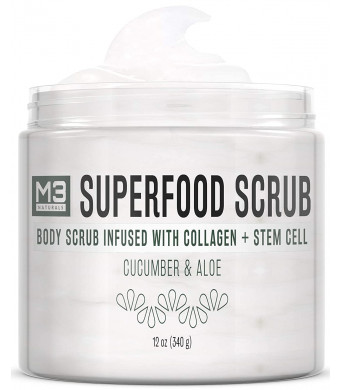 M3 Naturals Superfood Scrub infused with Collagen and Stem Cell Natural Cucumber and Aloe Body Face Wash Exfoliating Facial Cleanser for Acne Cellulite Wrinkles Scars Skin Care 12 oz