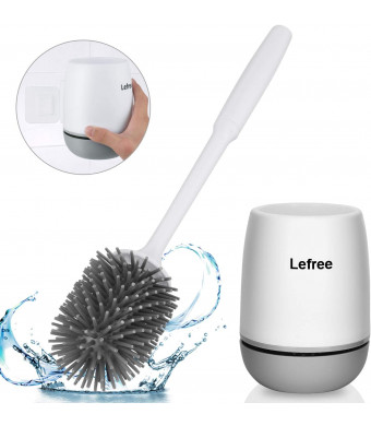 Lefree Silicone Toilet Brush and Holder, Bathroom Toilet Bowl Cleaner Brush Set,Non-Slip Handle with TPR Soft Bristle,Wall Mounted/Floor Standing (White-Grey)