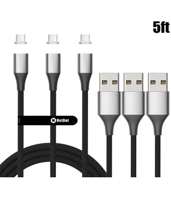 NetDot Gen10 USB-C Type-C Magnetic Cable Support Fast Charging and Data Transfer Nylon Braided (5Ft/ 3 Pack, Silver)