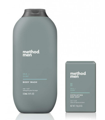 Method Men's - Sea + Surf Body Wash 18 Ounce and Sea + Surf Exfoliating Bar Soap, 6 oz - Set of 2