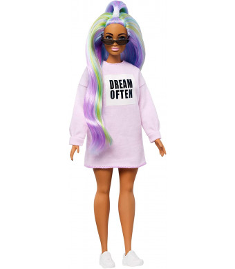 Barbie Fashionistas Doll with Long Rainbow Hair Wearing Sweatshirt Dress and Accessories, for 3 to 8 Year Olds