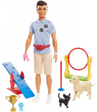 Ken Dog Trainer Playset with Doll, 2 Dog Figures, Hoop Ring, Balance Bar, Jumping Bar, Trophy and 2 Winner Ribbon