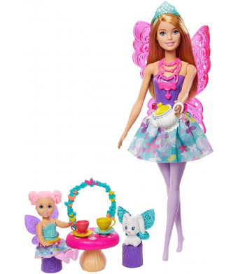 Barbie Dreamtopia Tea Party Playset with Barbie Fairy Doll, Toddler Doll, Tea Set, Pet and Accessories, Multi