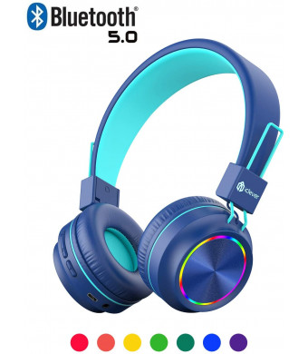 iClever BTH03 Kids Wireless Headphones, Colorful LED Lights Kids Headphones with MIC, 25H Playtime, Stereo Sound, Bluetooth 5.0, Foldable, Childrens Headphones on Ear for Study Tablet Airplane, Blue