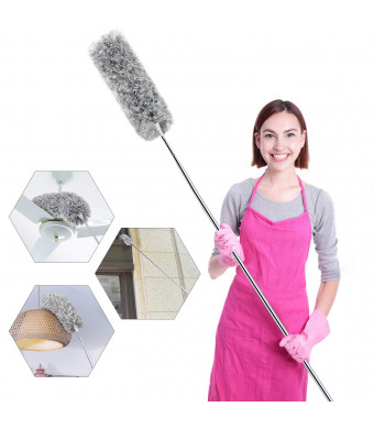 Microfiber Duster for Cleaning with Telescoping Extension Pole(Stainless Steel) 30 to 100" Extendable Long Duster for Cleaning High Ceiling Fan,Blinds, Baseboards,cars