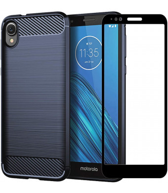 PhuLok Moto E6 Case, Motorola E6 Case, with Tempered Glass Screen Protector, Slim Thin Soft TPU Rubber Bumper Rugged Durable Protective Case for Motorola Moto E6 2019 (Navy Blue)