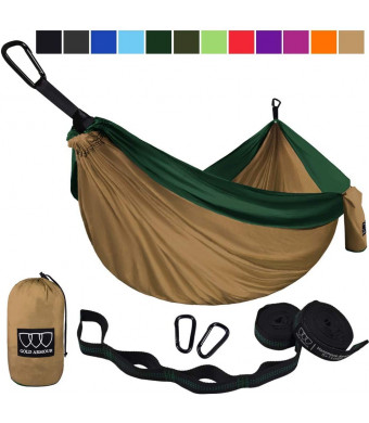 Gold Armour Camping Hammock - USA Brand Single Parachute Hammock (2 Tree Straps 10 Loops/20 ft Included) Lightweight Nylon Portable Adult Kids Best Accessories Gear (Khaki and Green)