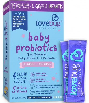 Lovebug Probiotics Tiny Tummies Probiotics, 15 Packets, Infant and Baby Probiotic Supplements for Babies 6-12 Months, Flavorless Powder - Oral Probiotics Kids - Helps Reduce Crying (15)