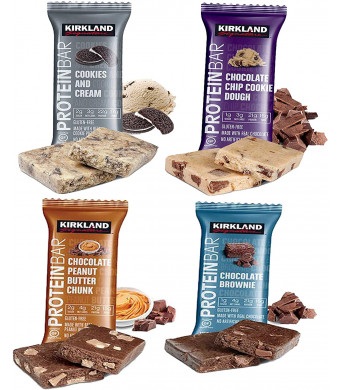 Kirkland Signature Protein Bars Variety Pack (20 Count) 5 of Each, All 4 Flavors - Chocolate Chip Cookie Dough, Chocolate Peanut Butter Chunk, Chocolate Brownie, and Cookies and Cream 2.12oz