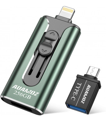 iPhone Flash Drive 256GB iPhone Photo Stick, AUAMOZ iPhone USB 3.0 Memory Photo Stick for iPhone 11 Pro X XR XS MAX, iPhone Flash Drive with 4 Ports Ready for iPhone/iPad/Android/Computer (Dark Green)