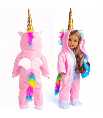 sweet dolly Doll Clothes Unicorn Doll Costume Onesie Pajamas with Hair Bows fits 18 Inch American Girl Doll