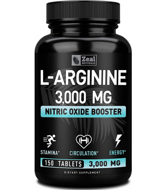 L Arginine 3000mg (150 Tablets | 1000mg) Maximum Dose L-Arginine Nitric Oxide Supplement for Muscle Growth, Pump Vascularity and Energy - L Arginine 1000mg Capsules, Nitric Oxide Booster