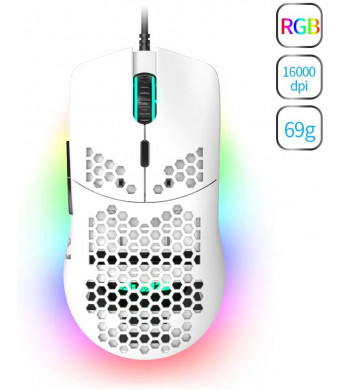 NACODEX AJ390 69G USB Wired Gaming Mouse with Lightweight Honeycomb Shell - RGB Chroma LED Light - Programmable 7 Buttons - Pixart 3338 16000 DPI Optical Sensor (White)