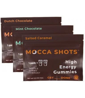 Mocca Shots Chocolate Caffeine Gummies Variety Pack (3 packs, 3x2 shots, 200mg caffeine/serving); Vegan, Gluten Free, All Natural, Made in USA; Energy chew, Vitamin Bs, Gingko (Seattle Gummy Company)