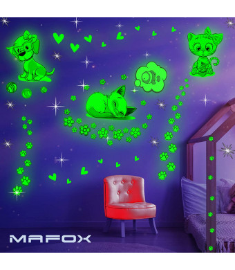 Glow in The Dark Cat Stickers with Dog and Fish, Wall Decals Sticker for Kids Bedding Room, Great for Birthday Gift Glowing Cat for Girls and Boys