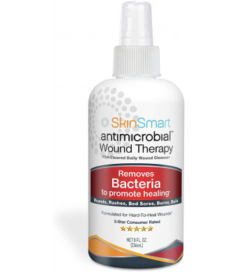 SkinSmart ANTIMICROBIAL Wound Therapy, 8 oz. Clear Hypochlorous Spray. For WOUND CARE, ACNE, SKIN INFECTIONS, FOOT WASH, WOUND WASH, RASHES, HIVES, BURNS, FUNGAL INFECTIONS. NON-STICKY, NO MESS!