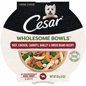 CESAR Wholesome Bowls Adult Soft Wet Dog Food Toppers Beef, Chicken, Carrots, Barley & Green Beans Recipe, (10) 3 oz. Bowls