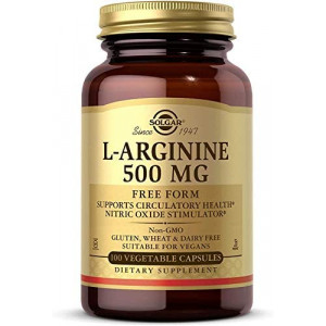 Solgar L-Arginine 500 mg, 100 Vegetable Capsules - Supports Blood Flow & Heart Health - Nitric Oxide Stimulator - Supports Active Lifestyles - Non-GMO, Gluten Free, Dairy Free, Kosher - 100 Servings