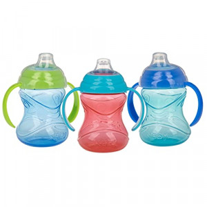 Nuby 3 Piece No-Spill Grip N’ Sip Cup with Soft Flex Spout, 2 Handle with Clik It Lock Feature, Boy, 10 Ounce