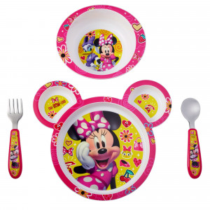 Disney Minnie Mouse Feeding Set, Minnie Mouse Plate, Bowl, Knife & Fork Set, 4 Piece