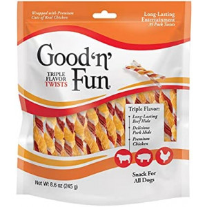 Good 'n' Fun Triple Flavor Twists, Treat Your Dog to Premium Cuts of Real Meat with Rawhide