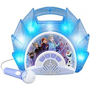 eKids Frozen Sing Along Boom Box Speaker with Microphone for Fans of Frozen Toys for Girls, Kids Karaoke Machine with Built in Music and Flashing Lights , Blue, 3.5mm Audio Jack