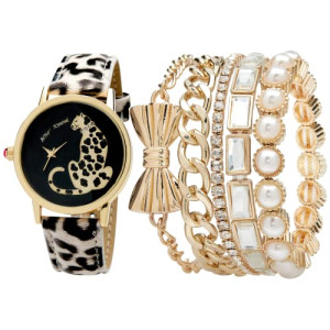 Betsey Johnson Women's Watch Set - Vegan Leather Strapped Wristwatch with Bracelets: BJWS002, Size One Size, Cheetah