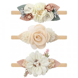 Baby Girl Nylon Headbands Infant Flower Elastic Hair band Bows Wraps For Newborn Toddler Hair Accessories Pack of 3 (A-Beige)