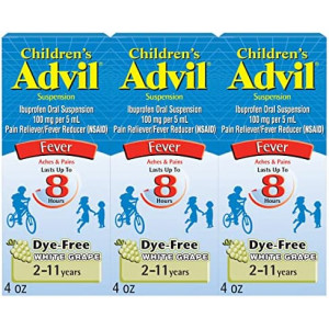 Childrens Advil Pain Reliever and Fever Reducer, Dye Free Children's Ibuprofen for Pain Relief, Liquid Ibuprofen for Children, White Grape - 4 Fl Oz (Pack of 3)
