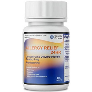 Velocity Pharma Levocetirizine Dihydrochloride Tablets, USP 5mg | 24 Hour Allergy Relief | 100 Count