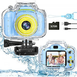 Miiulodi Kids Waterproof Camera for Kids Birthday Gift for Girls 1080P Children Digital Camera Underwater Video Toddler Camera Christmas Toys for Age 3 4 5 6 7 8 Years Old Boys with 32GB Card