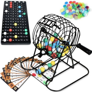 Queensell Bingo Game for Adults and Kids– Family Bingo Game Set with Bingo Cards, 150 Bingo Chips and Metal Bingo Cage – Perfect Board Game for Large Groups (Bingo)