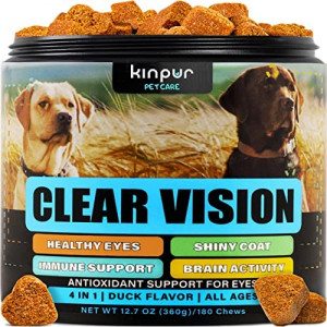 Kinpur Vision Treats for Dogs - Dog Vision Supplement for Eye Health, Tear Stains, Immune Support - Vitamin , Zin, Carrot, Fish Oil, Lutein - 180 Soft Chews with Duck Flavor - for All Breeds and Ages