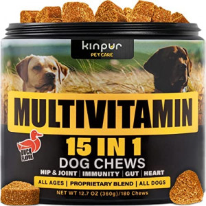 15-in-1 Dog Multivitamin Supplements - Immunity, Digestion, Joint and Heart Health Support - Natural Dog Vitamins with Biotin, Msm, Cranberry, Glucosamine for Dogs - 180 Soft Chews with Duck Flavor